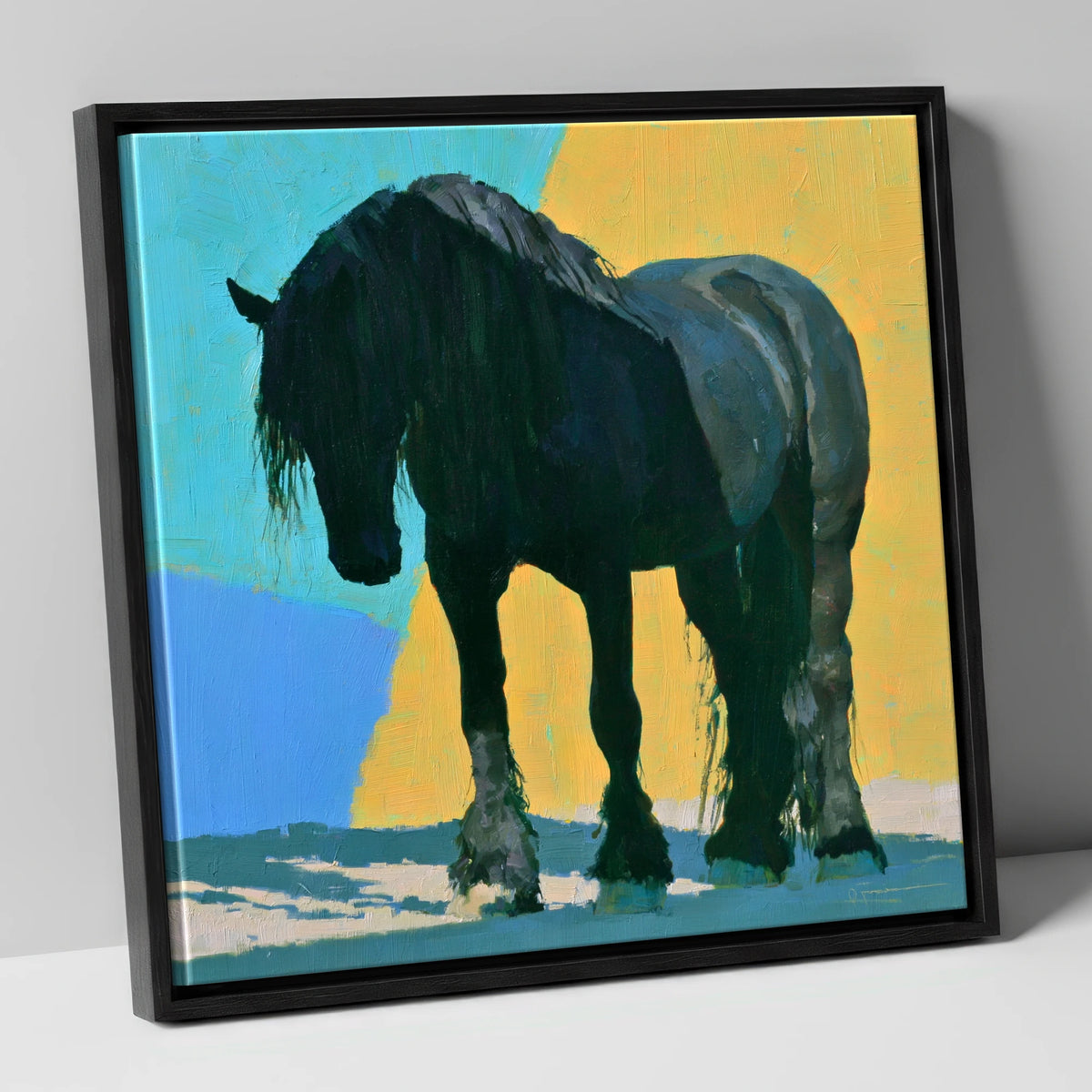 Heavy Horse Blue and Yellow horse breed canvas wall art in black frame