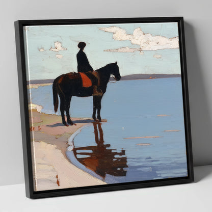 Stillness at the Shore beach horse canvas wall art in black frame