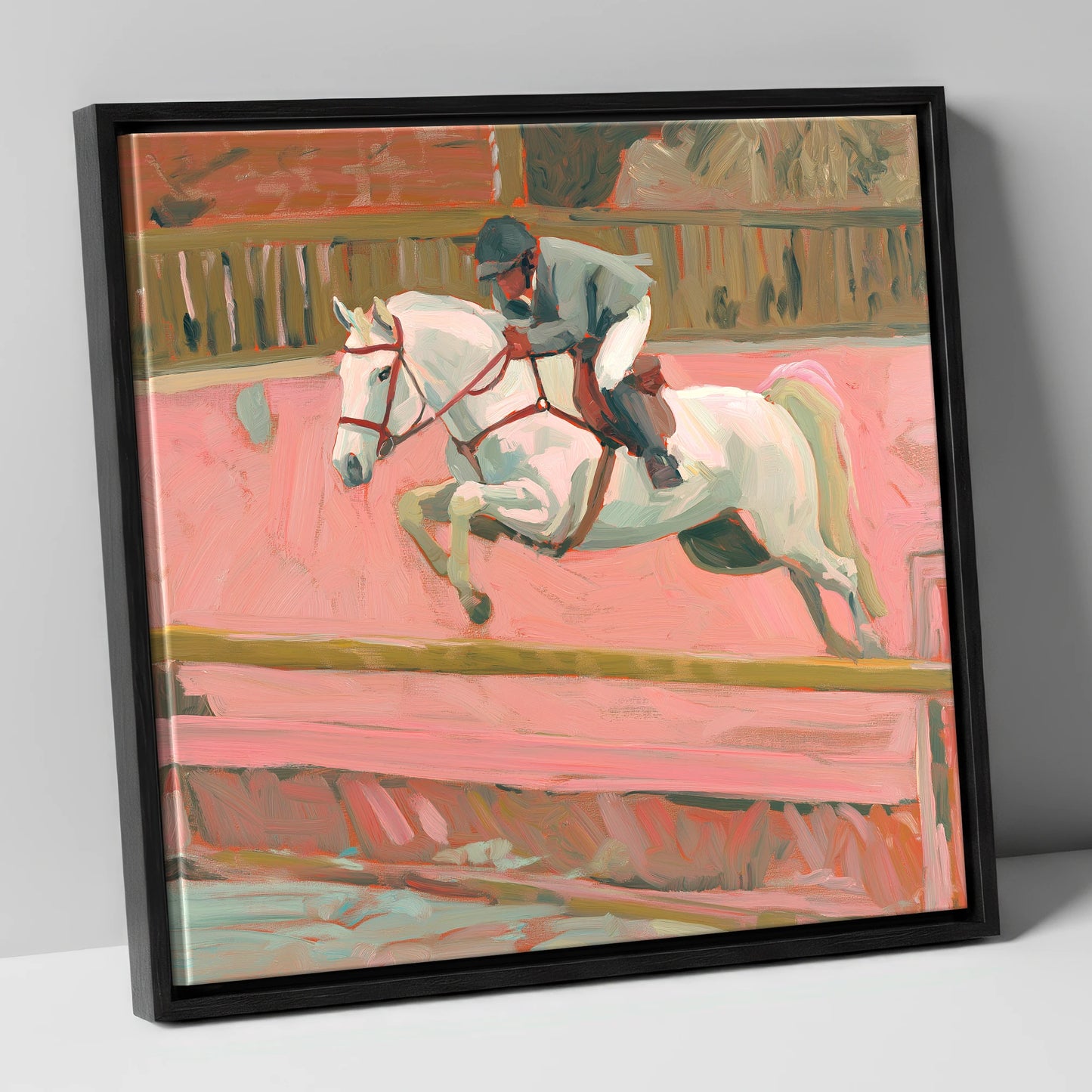 Flight in Dusty Pink show jumping horse canvas wall art in black frame