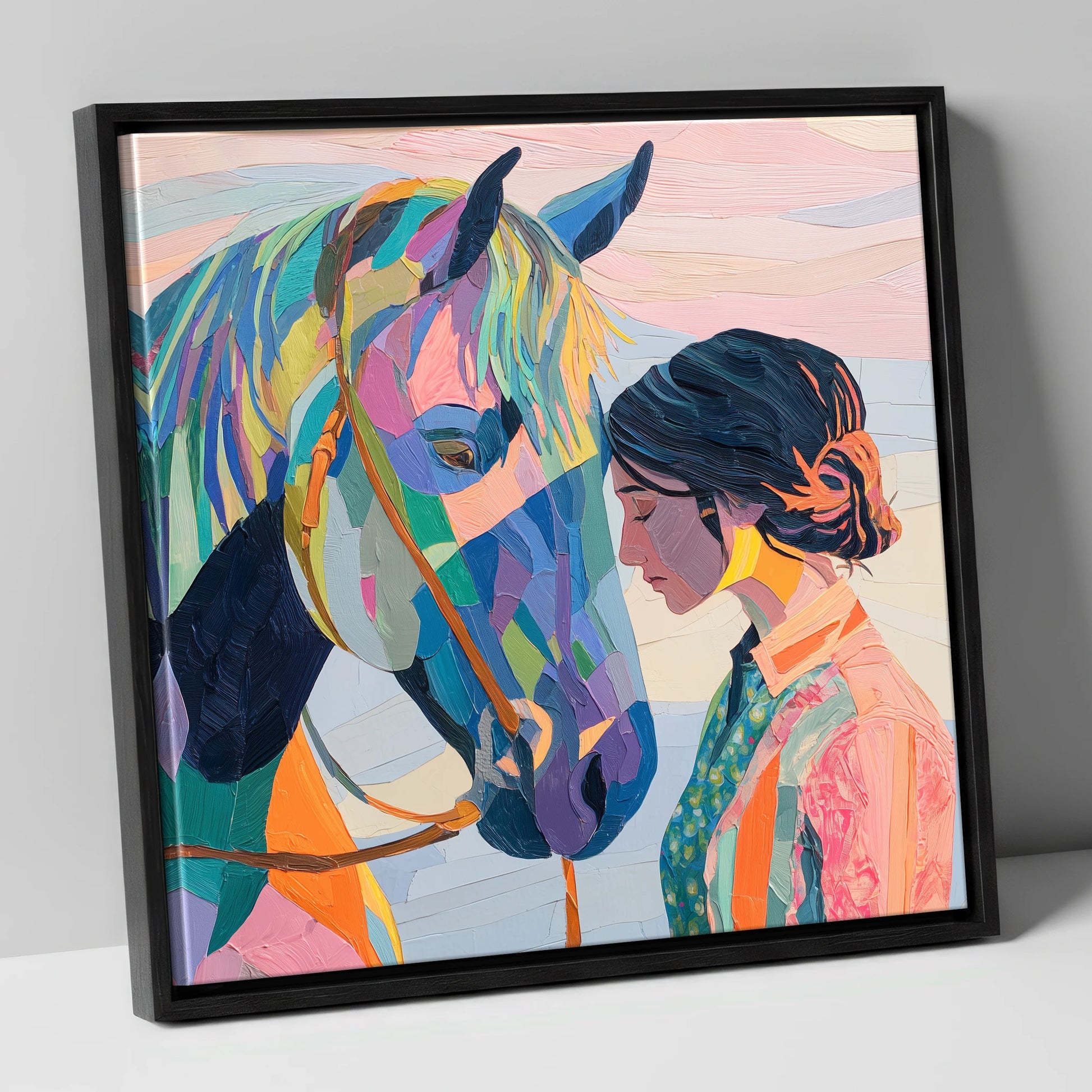 Vibrant Harmony horse & rider canvas wall art in black frame