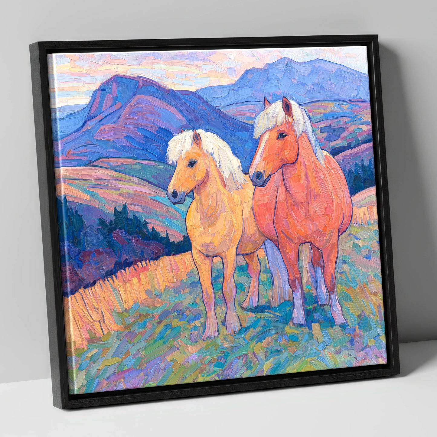 Highland Fjord Companions horse landscape canvas wall art in black frame