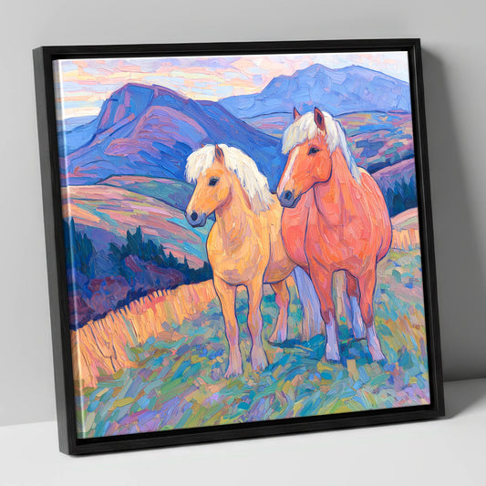 Highland Fjord Companions horse landscape canvas wall art in black frame
