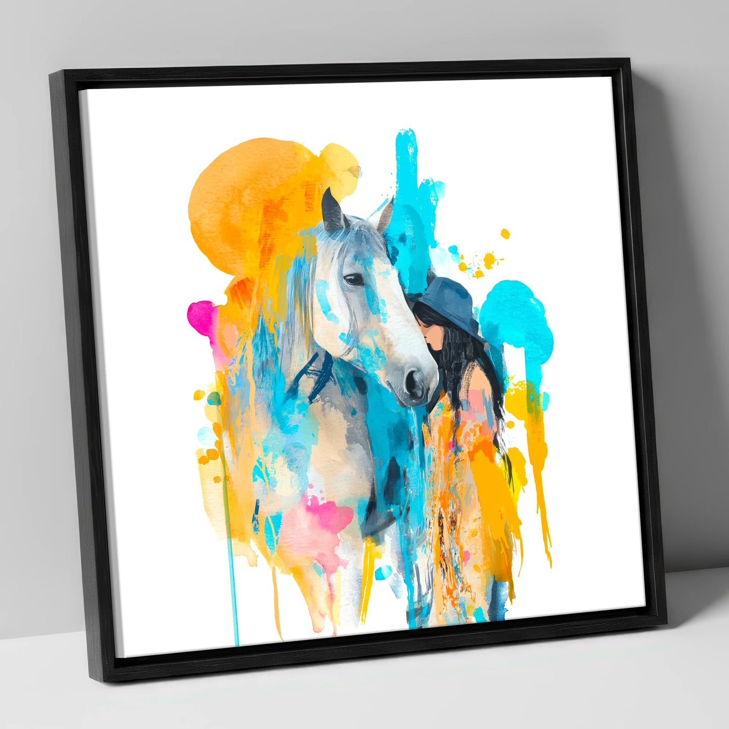 Vibrant Connection horse & rider canvas wall art in black frame