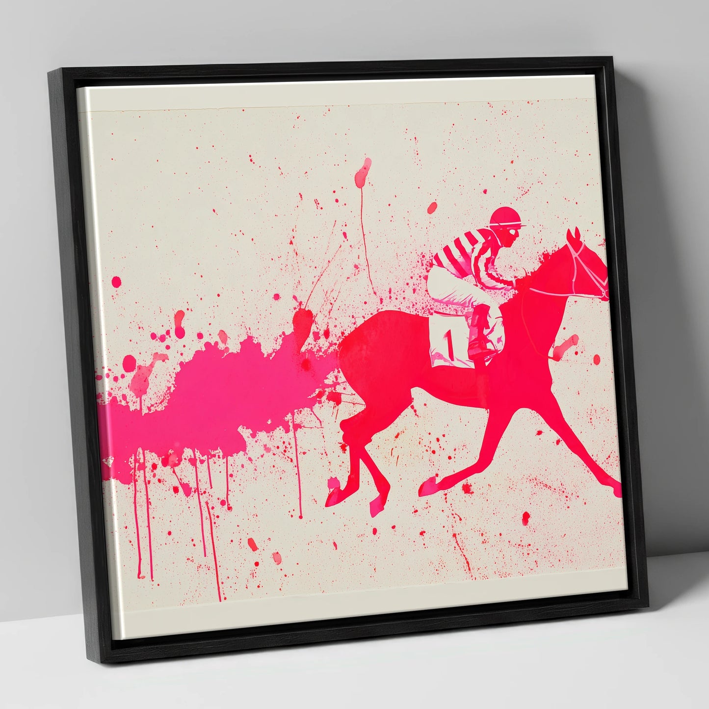 Magenta Racing Surge racing horse canvas wall art in black frame