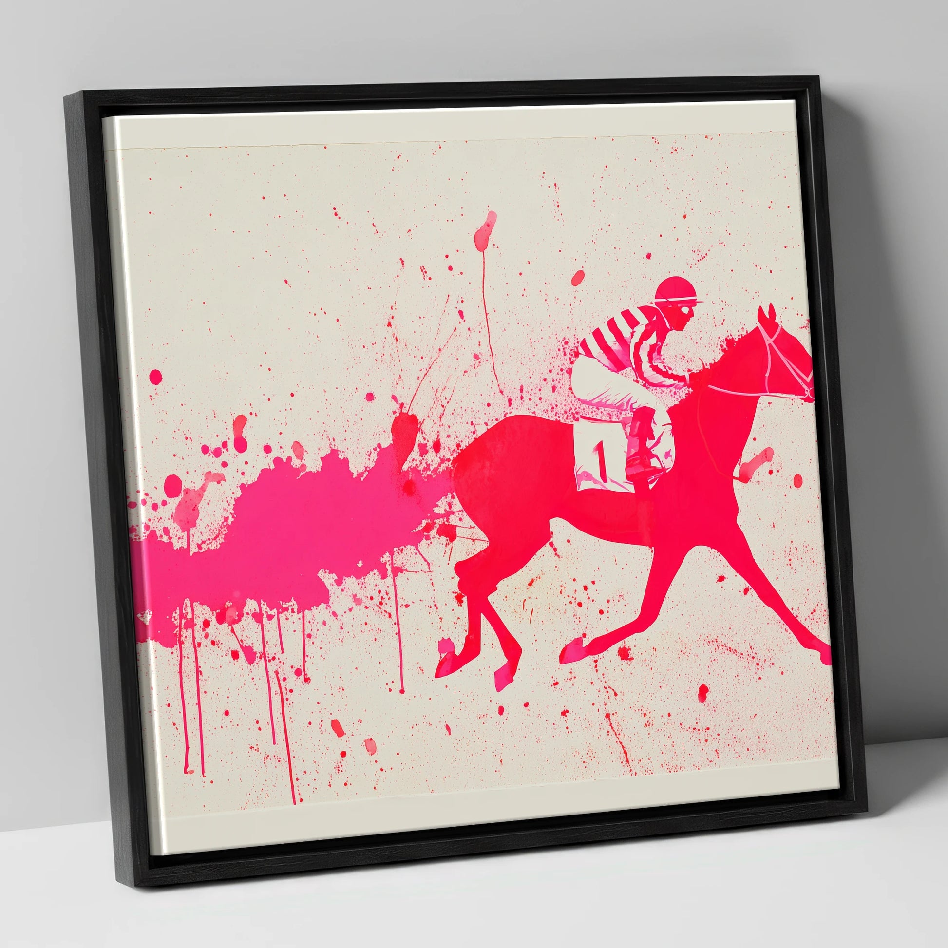 Magenta Racing Surge racing horse canvas wall art in black frame