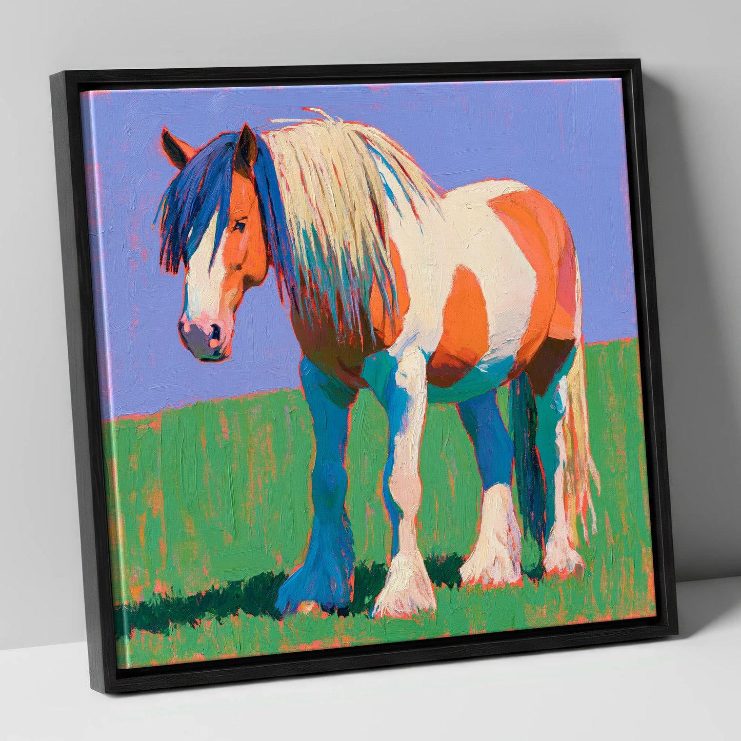 Vibrant Skewbald Gypsy Cob horse breed canvas wall art in black frame