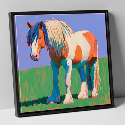 Vibrant Skewbald Gypsy Cob horse breed canvas wall art in black frame