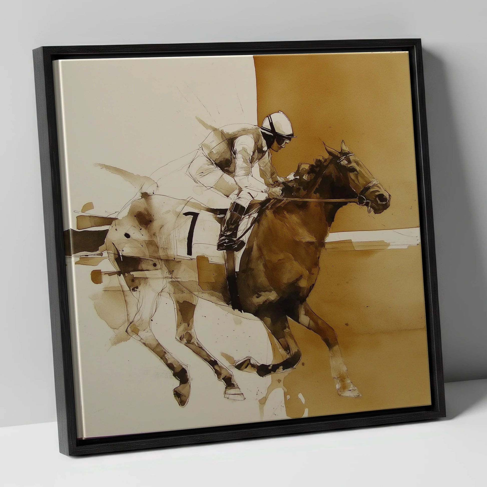 Sepia Racing Stride racing horse canvas wall art in black frame