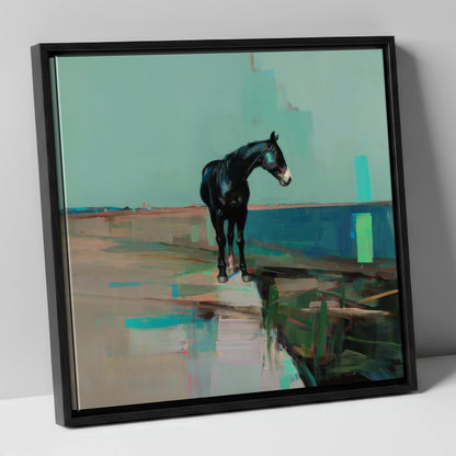 Silent Teal Horizon horse landscape canvas wall art in black frame