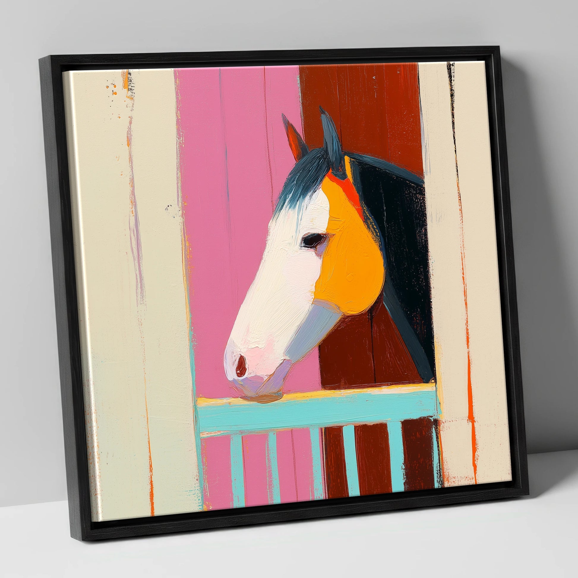 Over the Turquoise Door horse stable canvas wall art in black frame