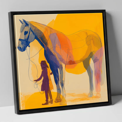 Golden Harmony horse & rider canvas wall art in black frame