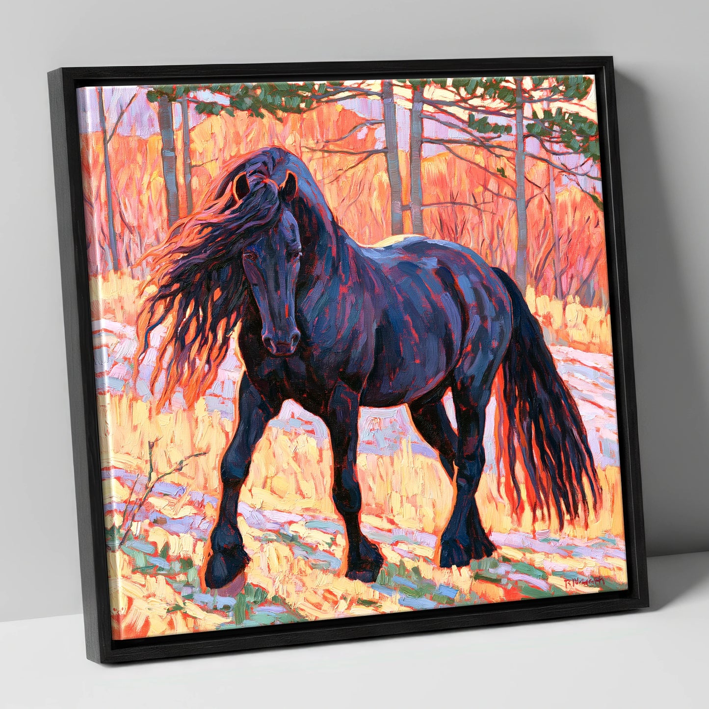 Vibrant Friesian in Sunset Woodland horse breed canvas wall art in black frame