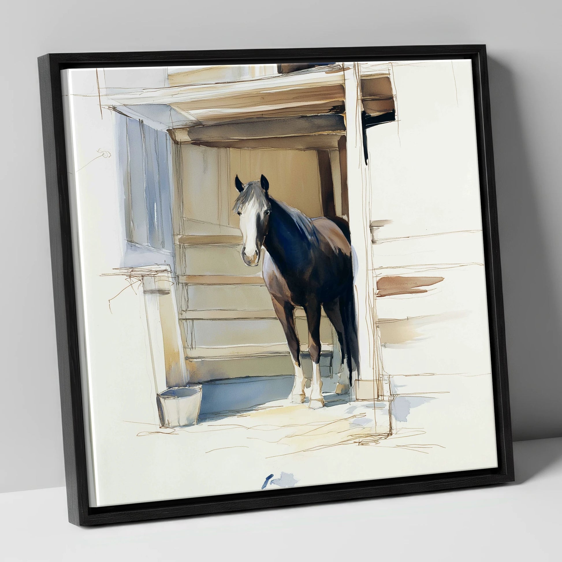 At the Stable Door horse stable canvas wall art in black frame