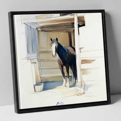 At the Stable Door horse stable canvas wall art in black frame