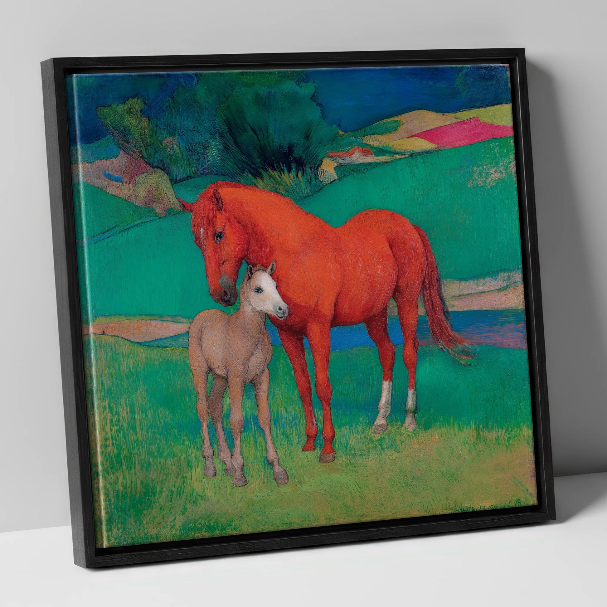 Vibrant Maternal Bond mare & foal canvas wall art in black frame