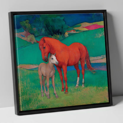 Vibrant Maternal Bond mare & foal canvas wall art in black frame