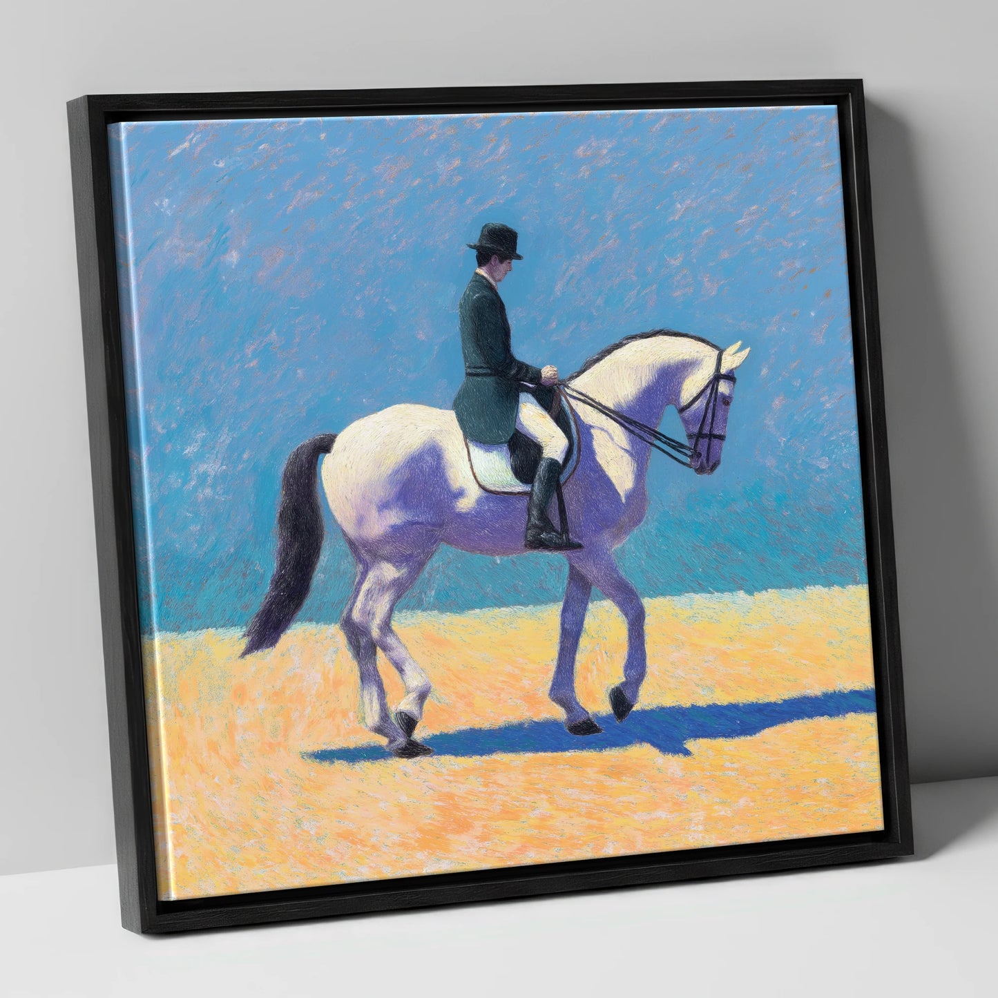 Lavender Shadows Dressage dressage horse canvas wall art in black frame