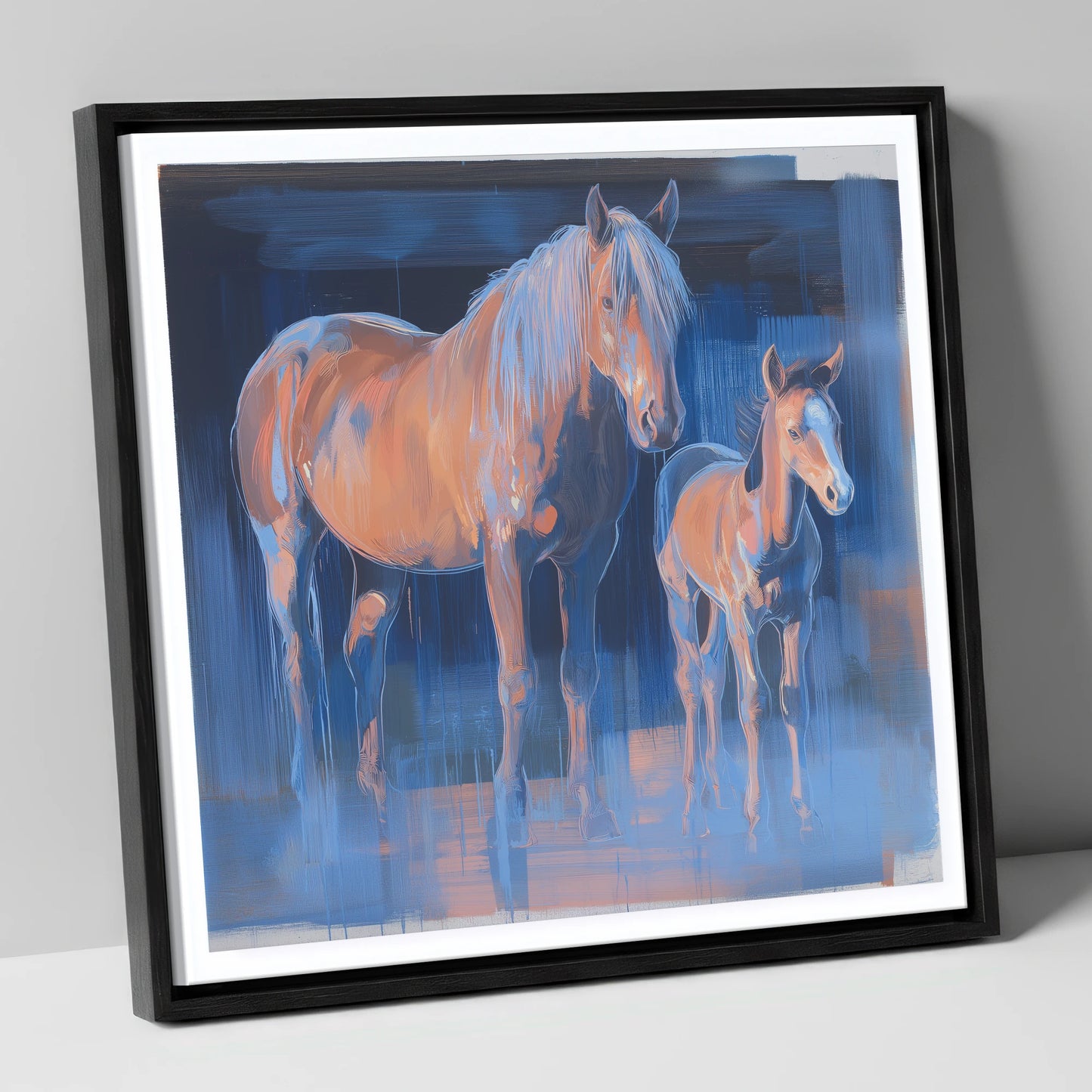 Cobalt and Apricot mare & foal canvas wall art in black frame