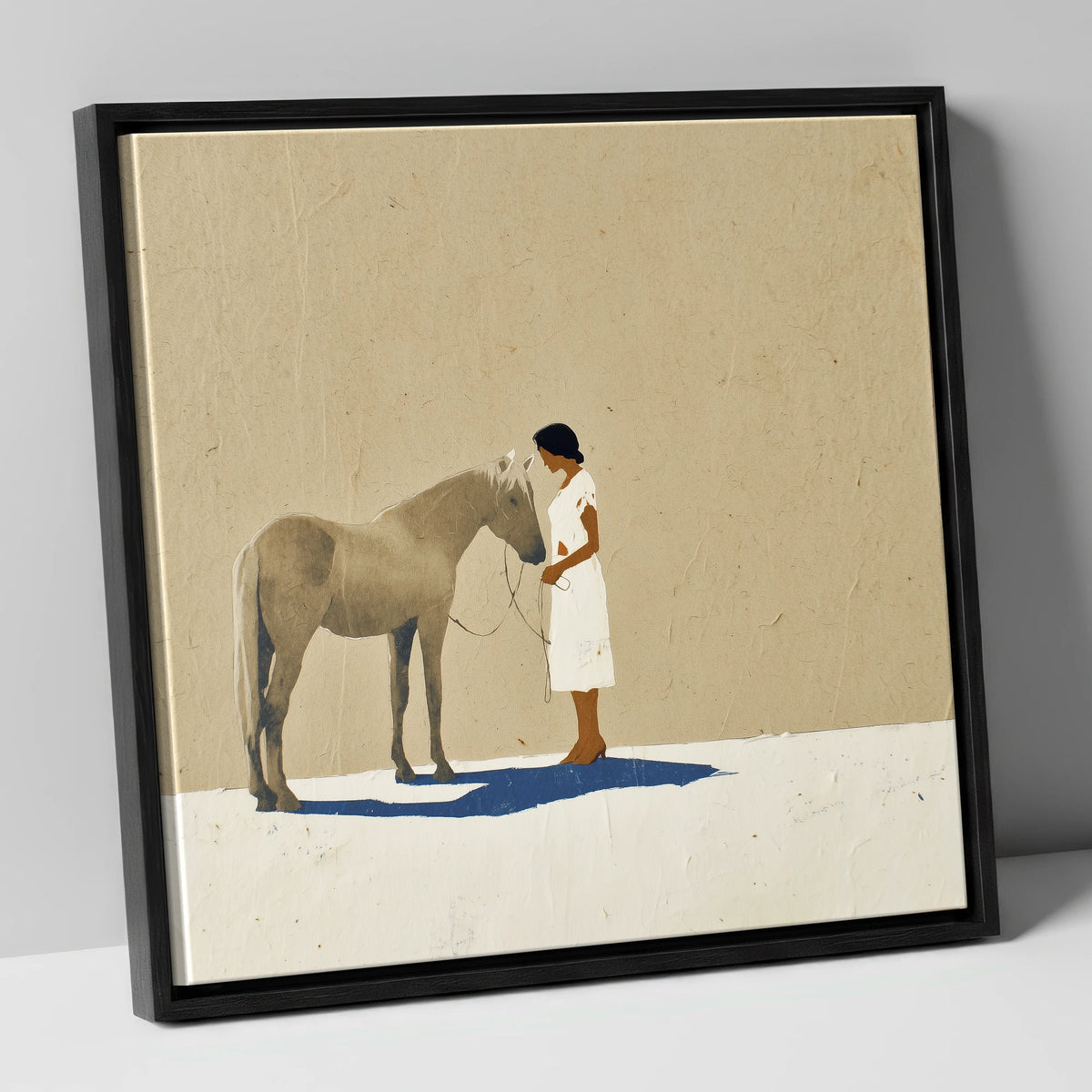 Grey Horse and Navy Shadow horse & rider canvas wall art in black frame