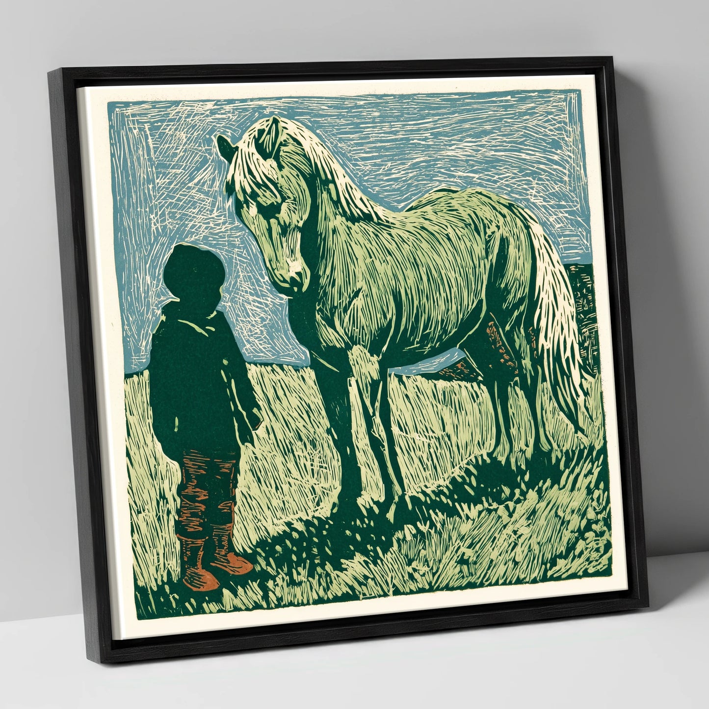 The Silent Bond horse & rider canvas wall art in black frame
