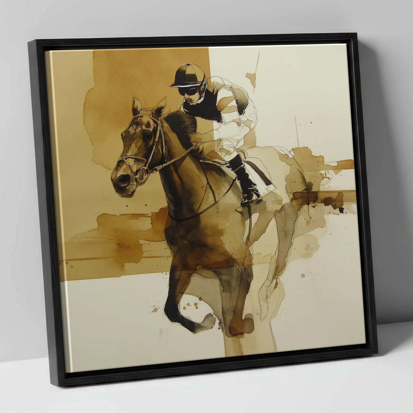 Sepia Sprint racing horse canvas wall art in black frame