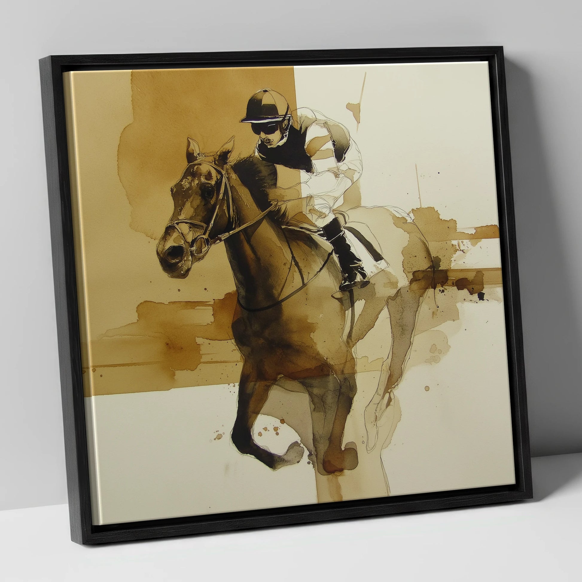 Sepia Sprint racing horse canvas wall art in black frame