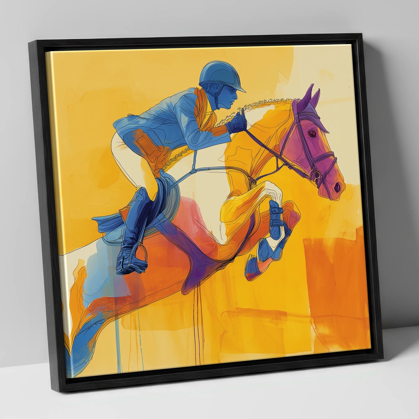 Airborne in Cobalt show jumping horse canvas wall art in black frame