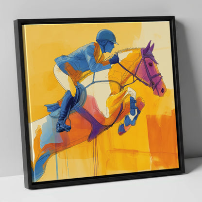 Airborne in Cobalt show jumping horse canvas wall art in black frame