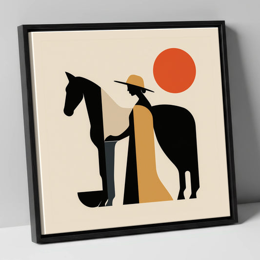 Sunlit Equine Silhouette horse & rider canvas wall art in black frame