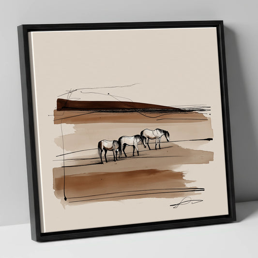 Minimalist Sepia Herd wild horses canvas wall art in black frame