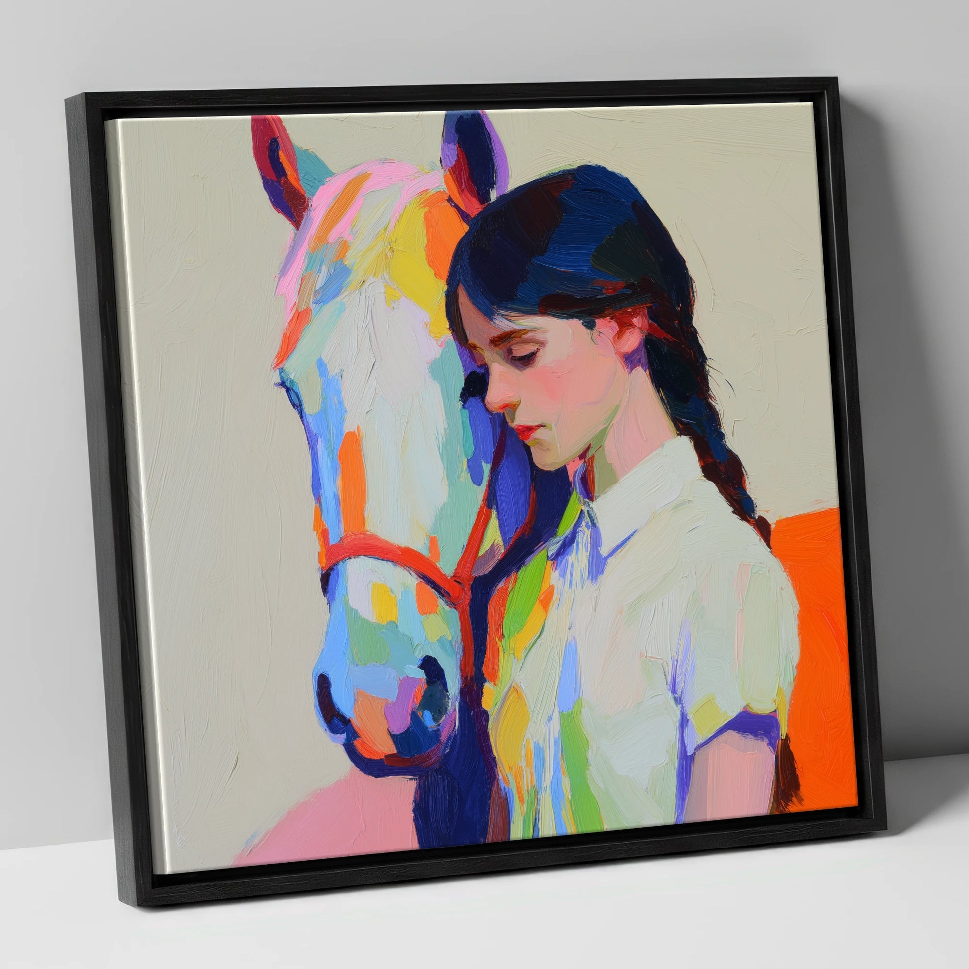 Vibrant Bond horse & rider canvas wall art in black frame