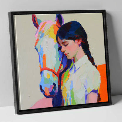 Vibrant Bond horse & rider canvas wall art in black frame
