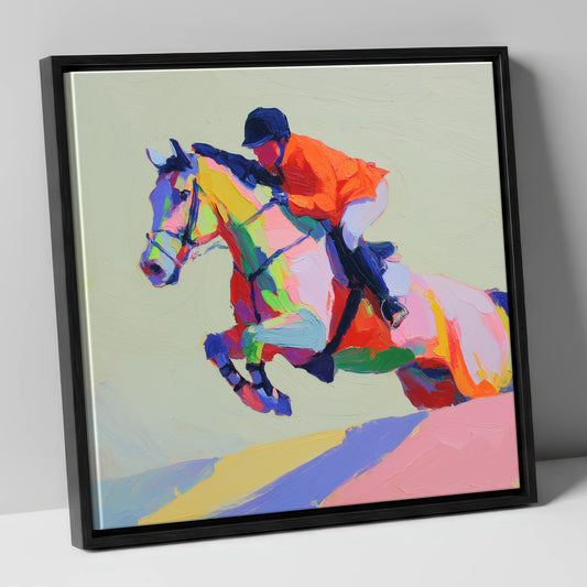 Vibrant Neon Jumping Horse show jumping horse canvas wall art in black frame