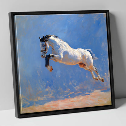 Luminous Leap show jumping horse canvas wall art in black frame