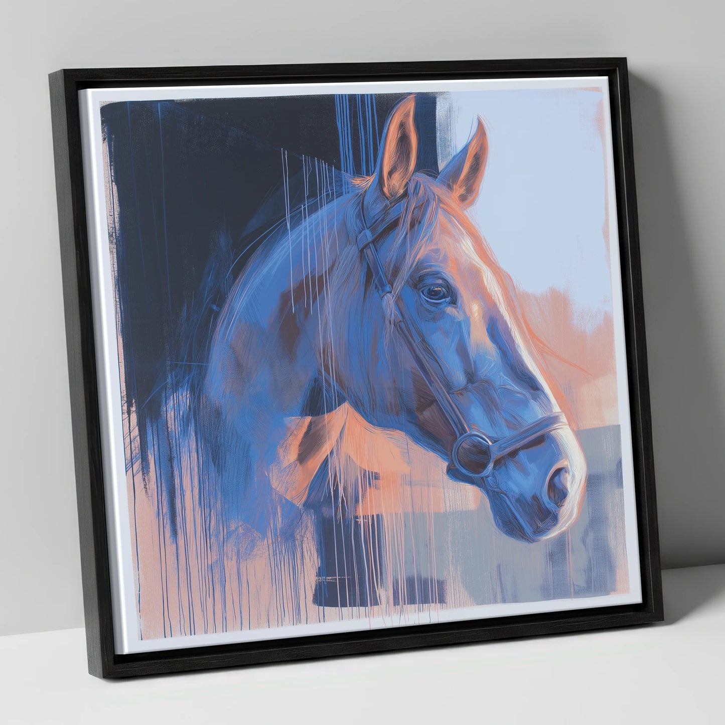 Cobalt and Apricot Light horse portrait canvas wall art in black frame