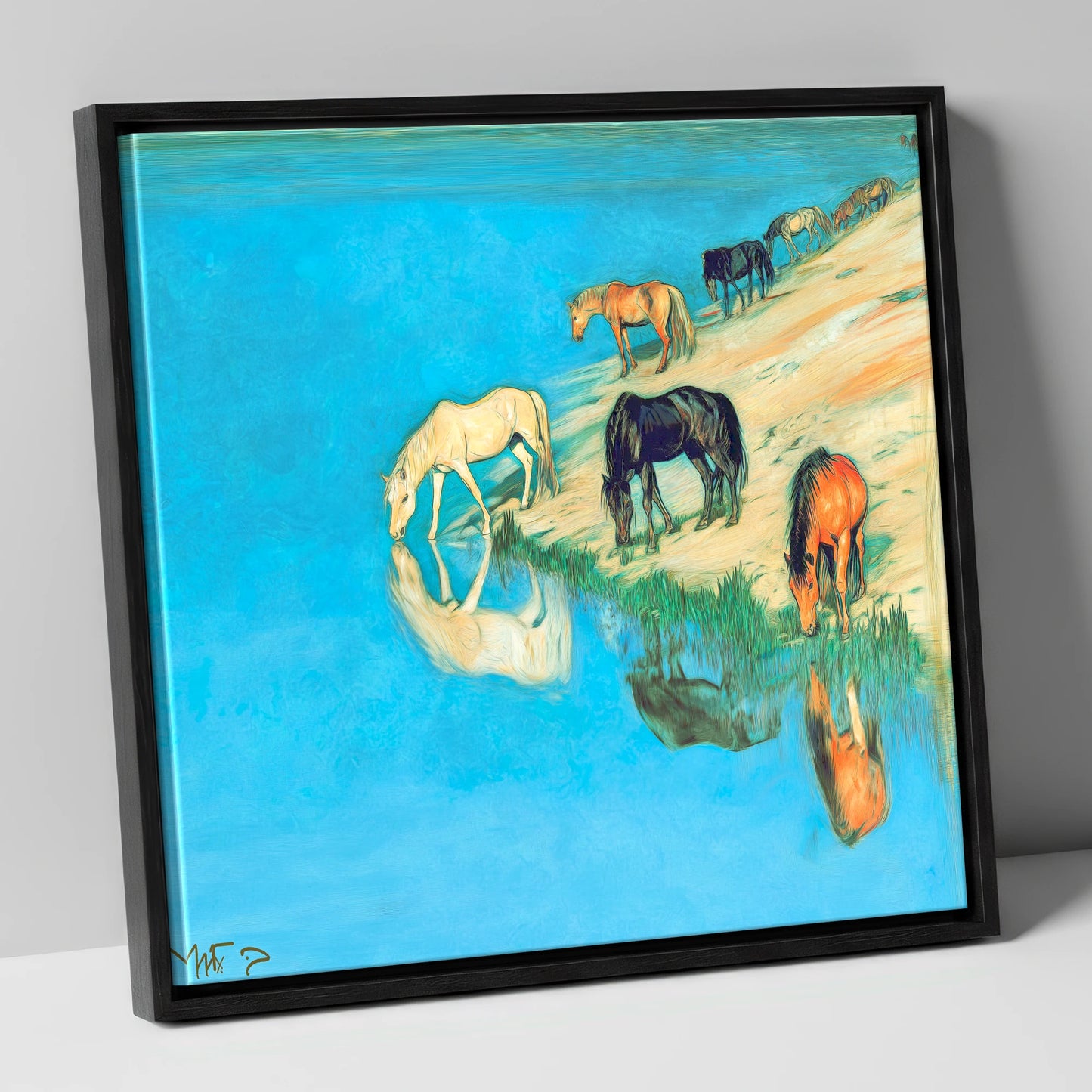 Azure Bank Reflections wild horses canvas wall art in black frame