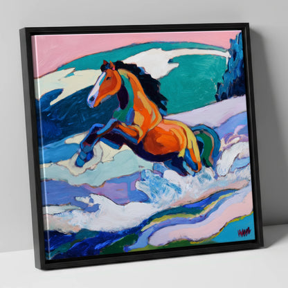 Vivid Coastal Leap beach horse canvas wall art in black frame