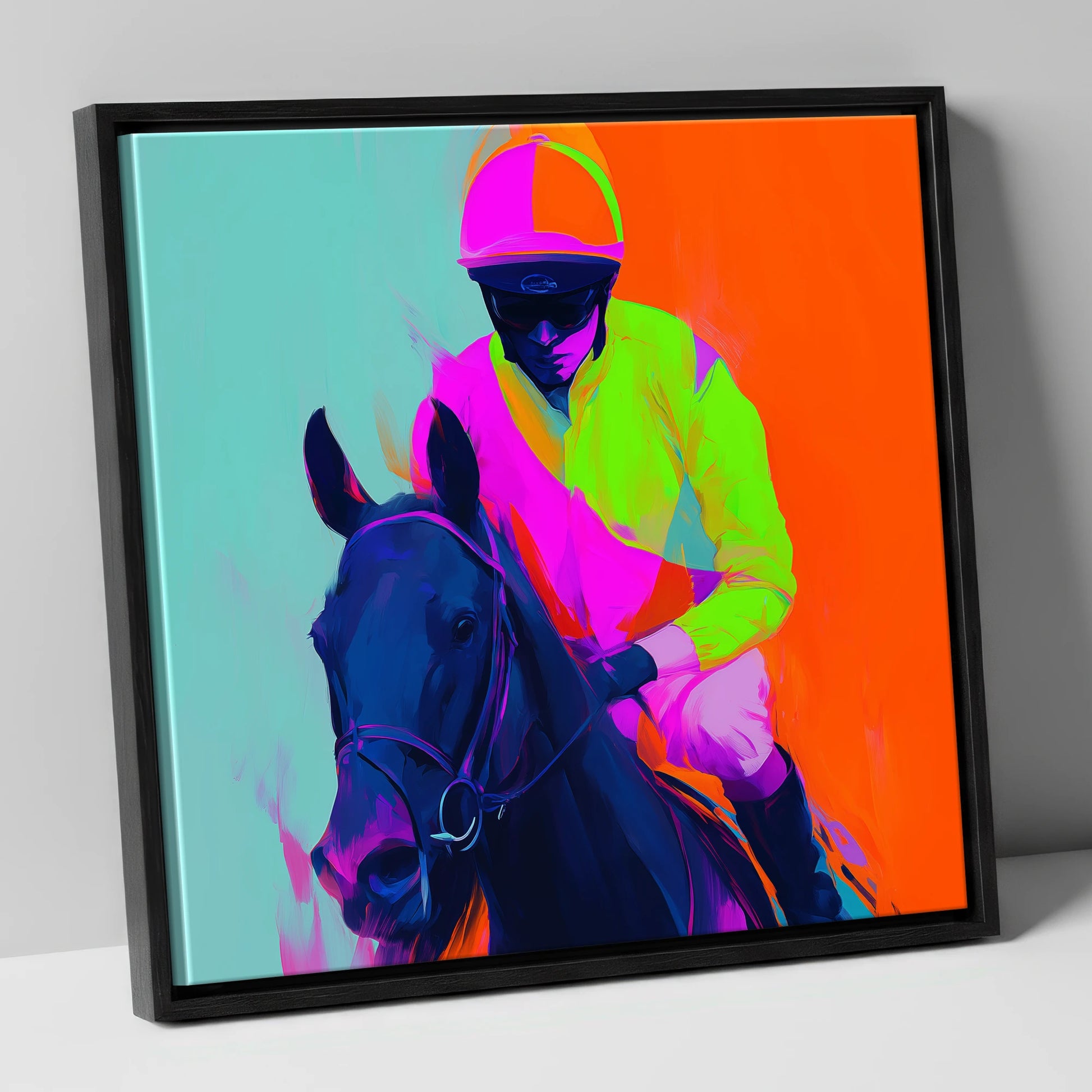 Electric Pace racing horse canvas wall art in black frame