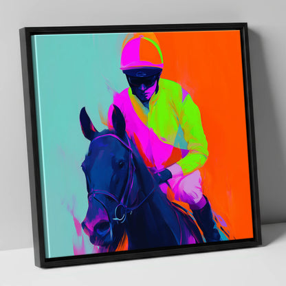 Electric Pace racing horse canvas wall art in black frame