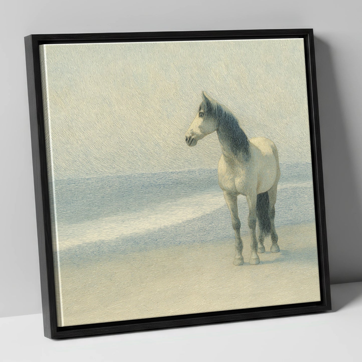 Solitary Shoreline Grey horse landscape canvas wall art in black frame