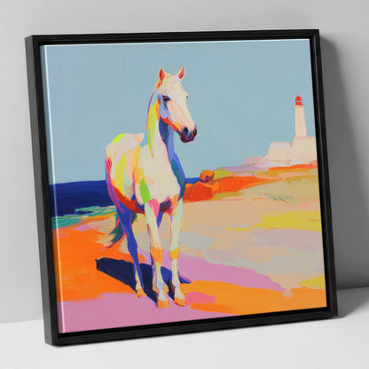 Vibrant Coastal Equine horse landscape canvas wall art in black frame
