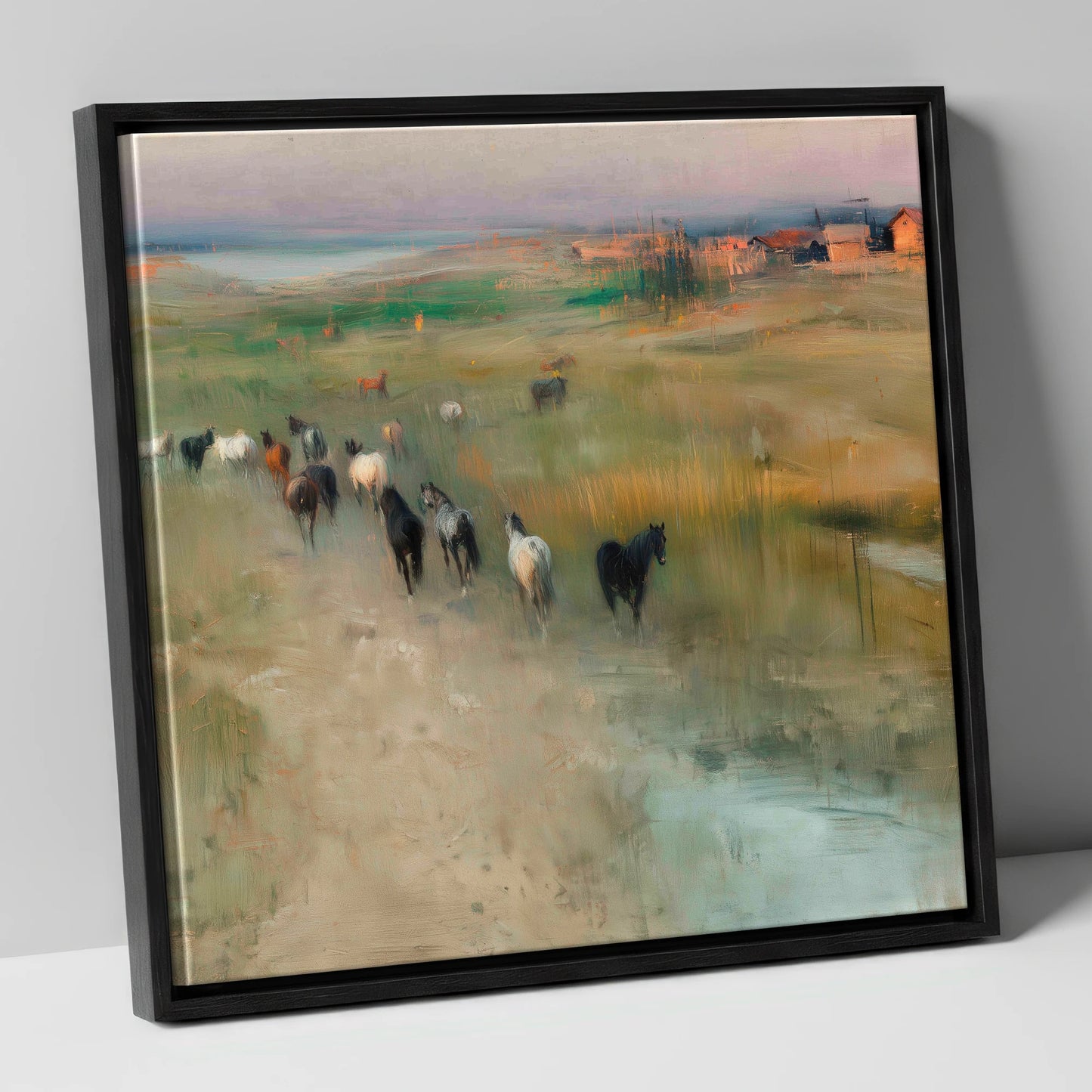 Roaming the Marshes wild horses canvas wall art in black frame