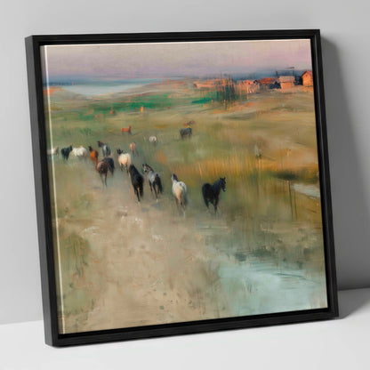 Roaming the Marshes wild horses canvas wall art in black frame