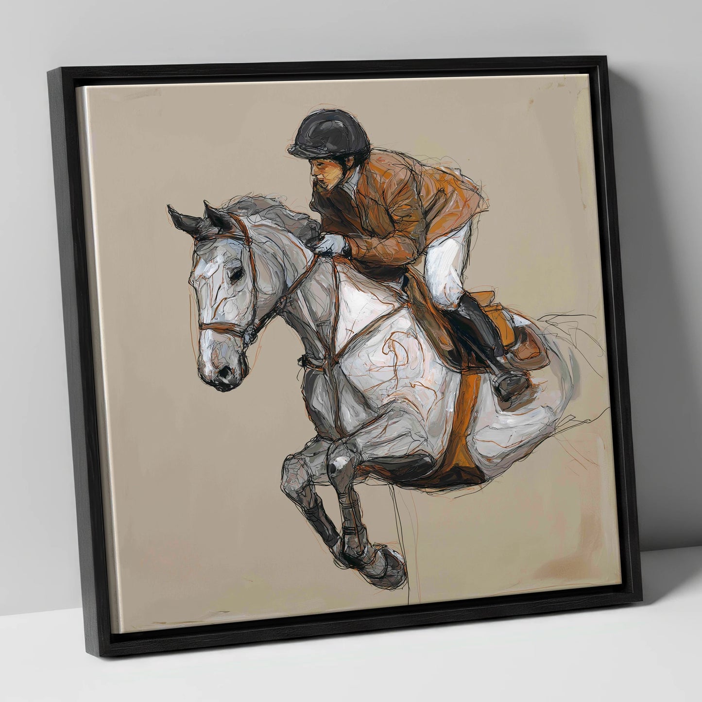 Flight of the Grey show jumping horse canvas wall art in black frame