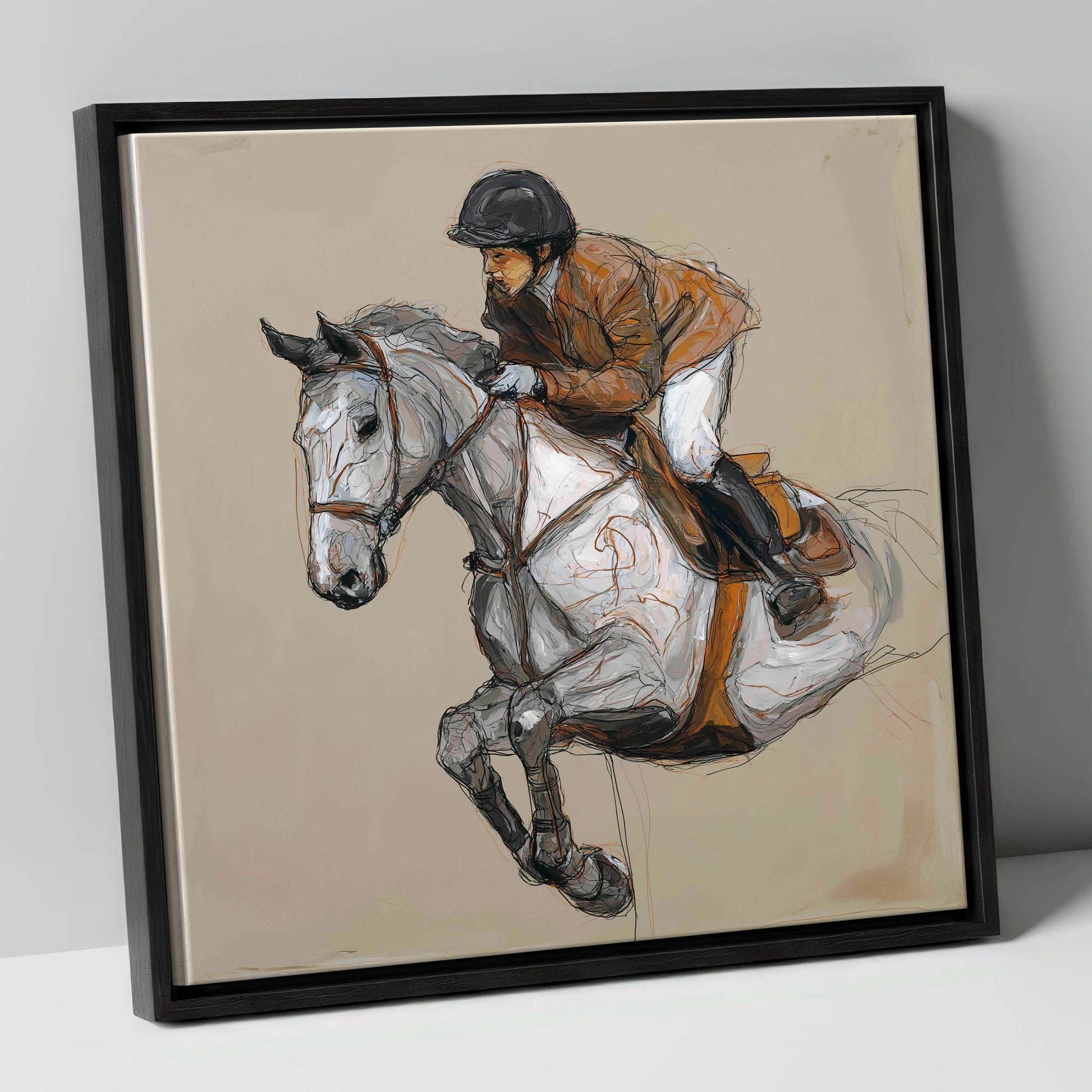 Flight of the Grey show jumping horse canvas wall art in black frame