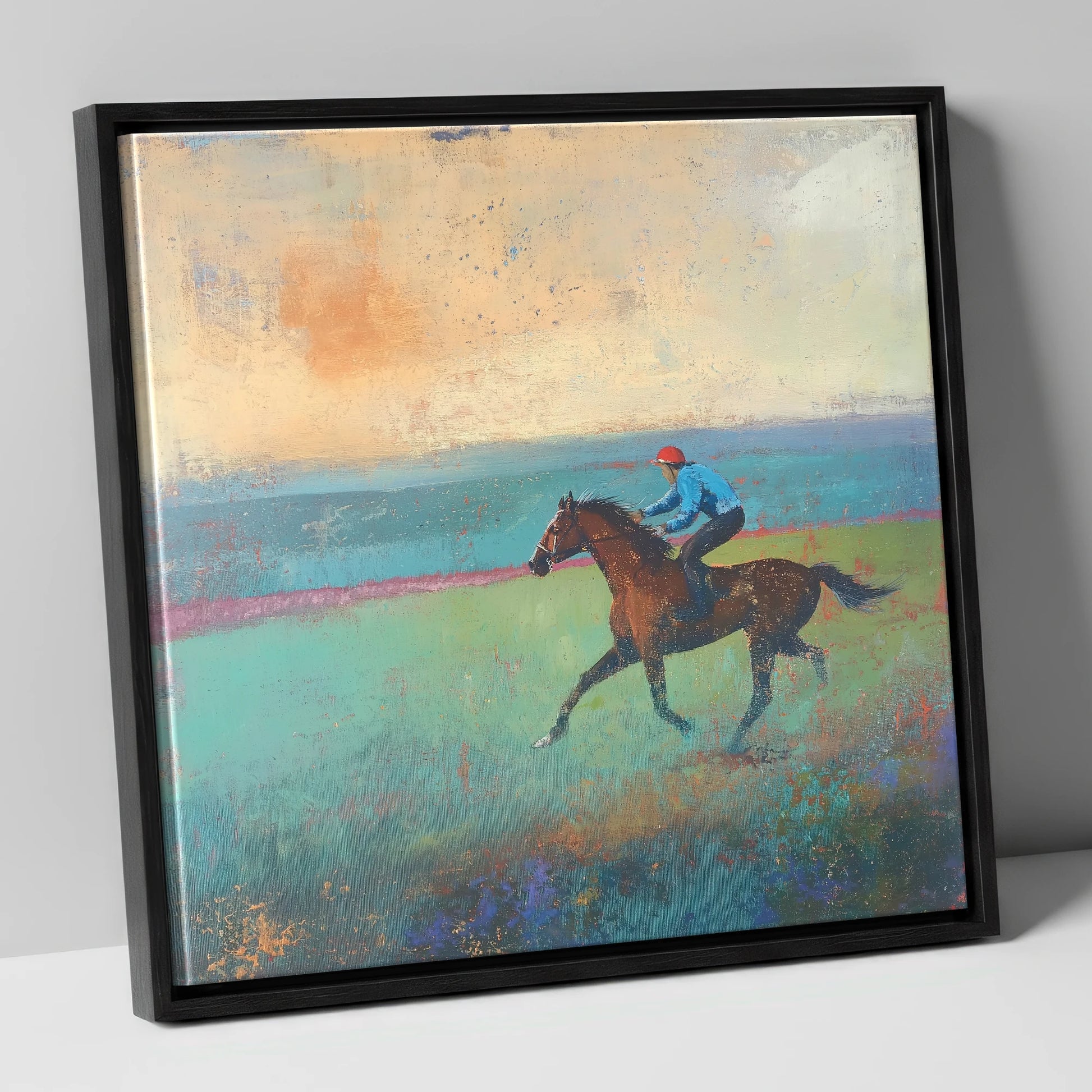 Early Morning Gallop racing horse canvas wall art in black frame