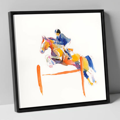 Vibrant Clear Round show jumping horse canvas wall art in black frame