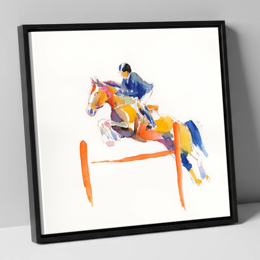 Vibrant Clear Round show jumping horse canvas wall art in black frame