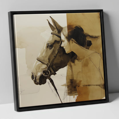Quiet Connection horse & rider canvas wall art in black frame