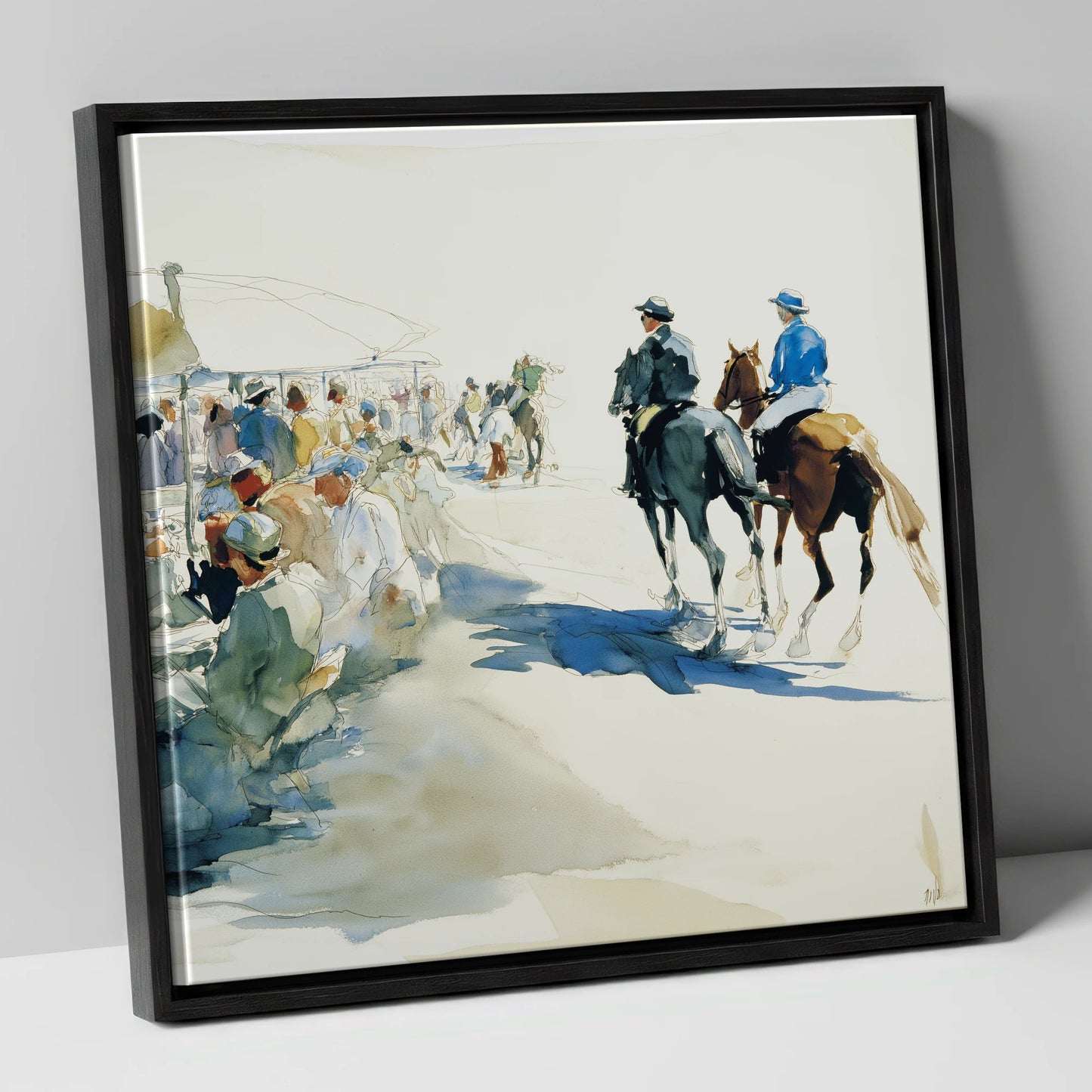 Leaving the Paddock racing horse canvas wall art in black frame